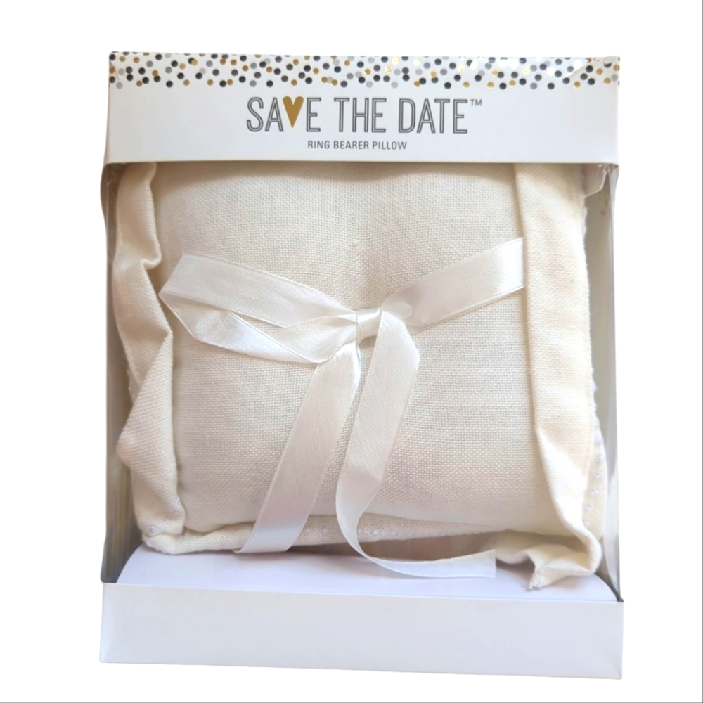 NWT Save the Date Wedding Ring Bearer Pillow Bow Off White Ivory